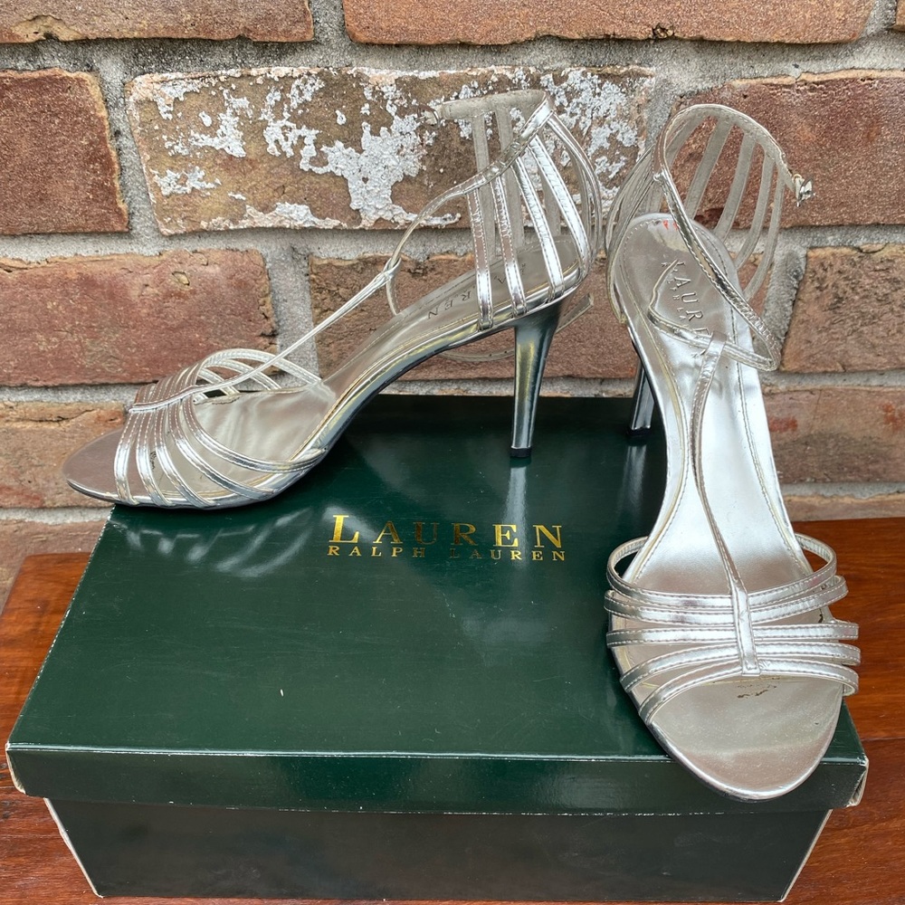 Ralph Lauren Silver Strappy heels. Size 9.5. Style: Adrina